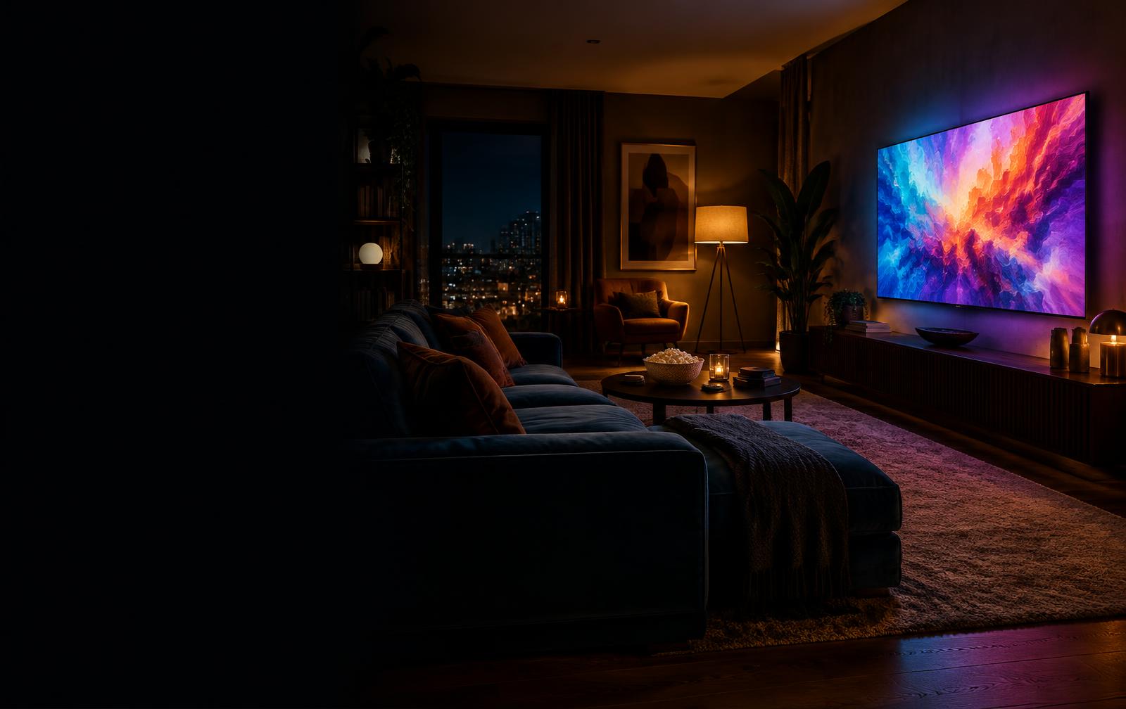 Large TV in a dark living room, available as a pay monthly TV