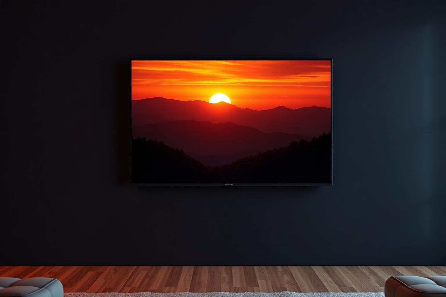 65-inch 4K TV mounted on wall showing sunset landscape